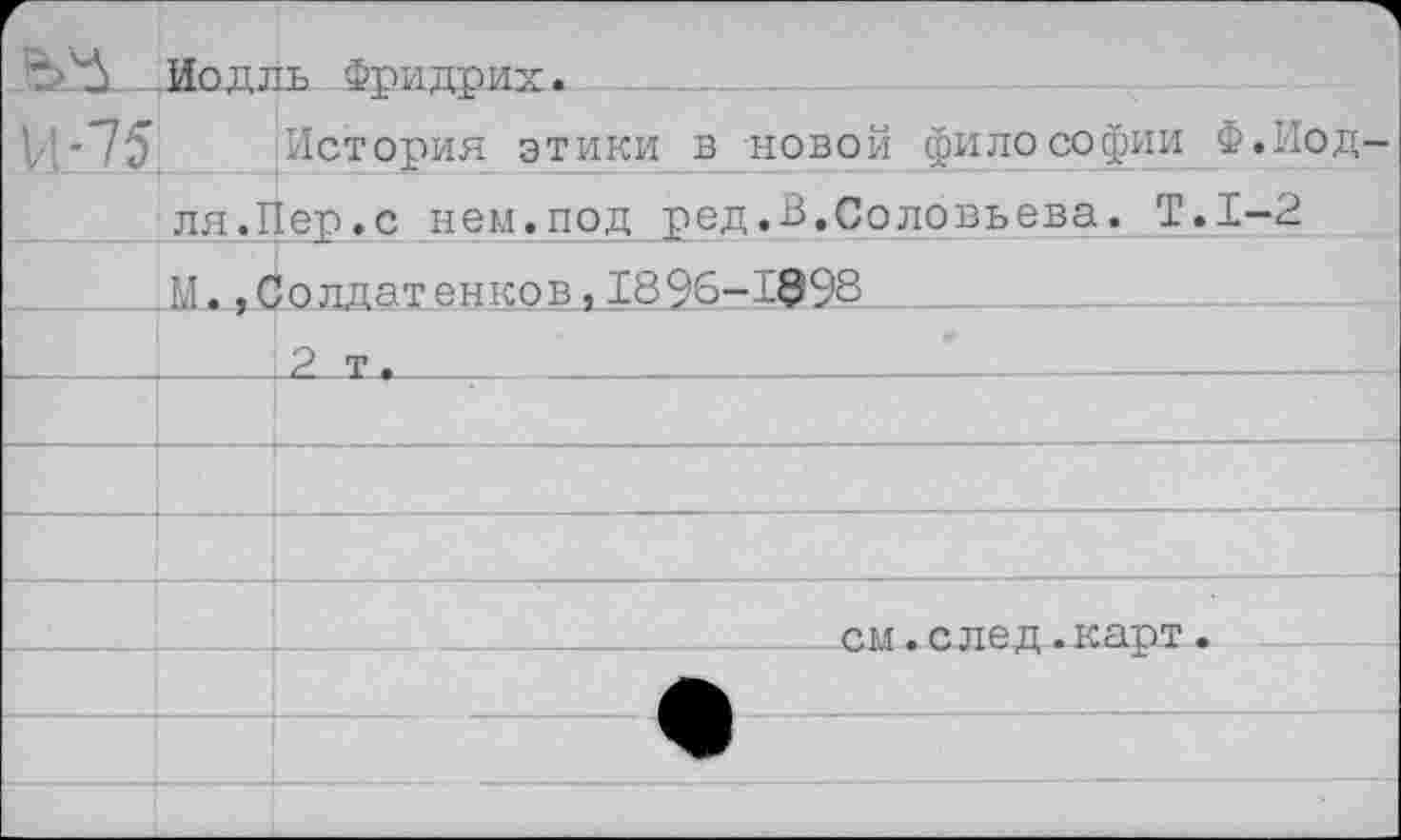 ﻿	Иодль Фридрих.
И-75	История этики в новой философии Ф.Иод-
	ля.Пер.с нем.под ред.В.Соловьева. Т.1-2
	М.,Солдатенков,1896-1998
	2 т •
	
	
	
	см.след.карт.
	
	
	